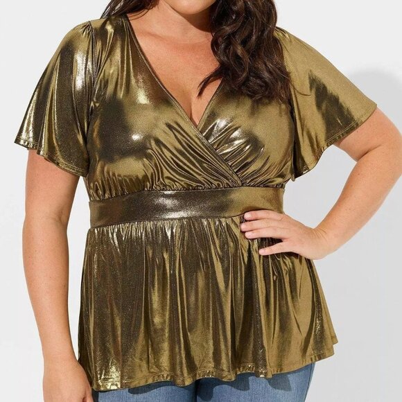 NWT Torrid Gold Metallic Liquid Shine Surplice Peplum Top in Size 1 (14/16) - Picture 1 of 10